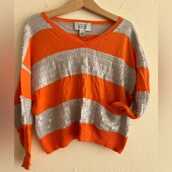 Autumn Cashmere Orange Silver Sequins V-Neck Sweater Kids Size 8 T / 7T - Picture 4 of 9